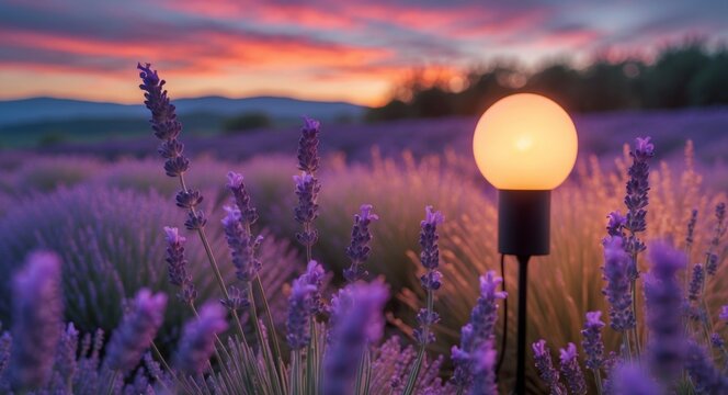 Lavender field at sunset with glowing lamp amidst blooming flowers creating a serene atmosphere.