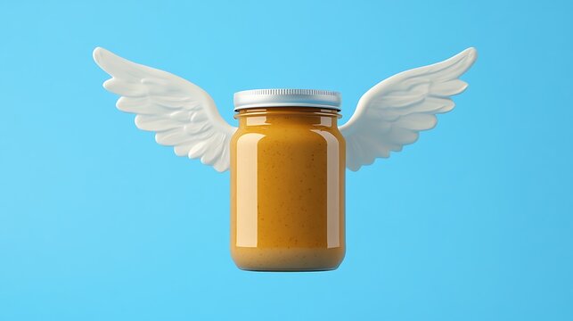 A Creative Concept of a Peanut Butter Jar with Wings Symbolizing Freedom, Imagination, and Playfulness Against a Bright Blue Background - Powered by Adobe