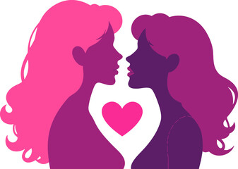 Pink lesbian couple near heart on pink,png transparent background Valentines day