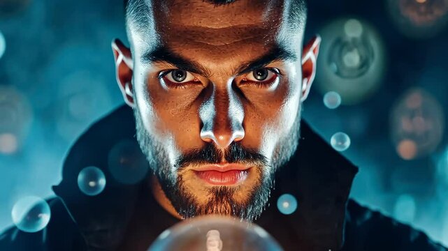 Mystic Gaze: A man with intense eyes gazes intently at a crystal ball, surrounded by ethereal blue light and bokeh effects.  The image evokes a sense of mystery and intrigue.