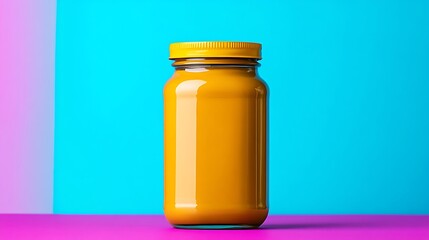 Vibrant Pop Art Style Peanut Butter Jar on Colorful Background Featuring Striking Yellow Jar Against Bright Blue and Pink Tones