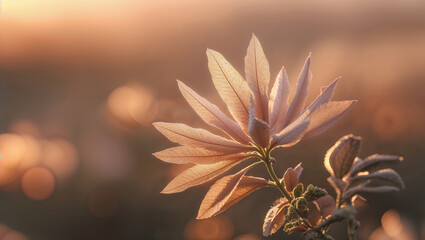 Warm sunlight illuminating delicate plant leaves at sunset