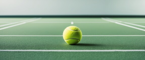 A single tennis ball rests on a green court.