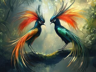 Obraz premium Two colorful birds perched on a branch in a lush forest. Use artistic background, nature illustration