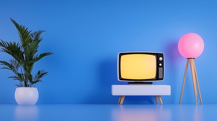 Retro Television and Plant in a Minimalist Room Setting