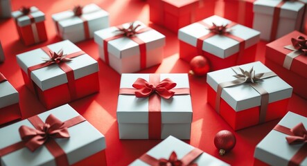Obraz premium Festive Red and White Gift Boxes on Red Background - Holiday Gift Giving Concept.