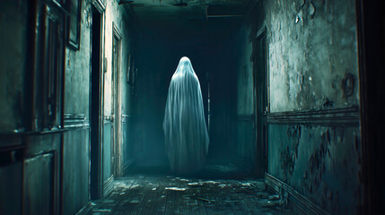 A haunted ghost roaming the cursed house, a terrifying presence that frightens anyone who dares to enter, a supernatural manifestation of a house spirit.