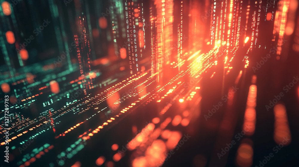 Poster futuristic cityscape visualization featuring flowing binary code in red and green hues against a dar
