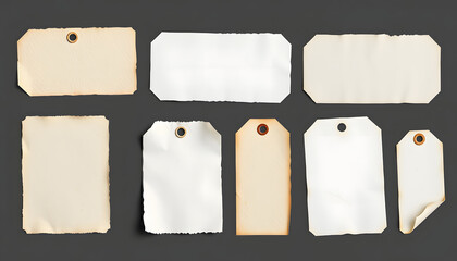 collection of blank old sticker, label, price tag template for mockup. isolated dirty, ripped, half peeled stickers, sticker style, with white tones