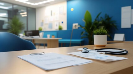 Fototapeta premium Doctor's Workspace Featuring a Stethoscope Medical Office Interior Photography Calm Environment Professional Viewpoint Healthcare Concept