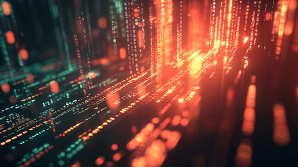 Futuristic cityscape visualization featuring flowing binary code in red and green hues against a dark backdrop, creating an immersive digital atmosphere. Generative AI