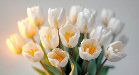 Obraz premium Radiant white tulips bathed in golden light displaying their delicate petals and vibrant centers