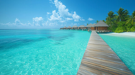 Wooden pier leading to tropical overwater huts on clear blue sea, serene sky, ideal for exotic island retreats