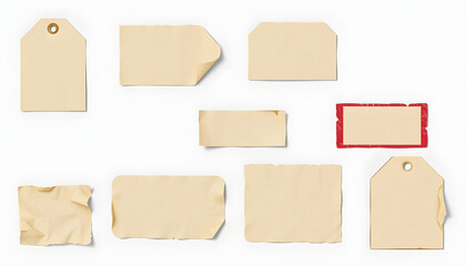collection of blank old sticker, label, price tag template for mockup. isolated dirty, ripped, half peeled stickers, photo, with white tones