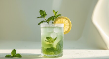 Refreshing Iced Beverage with Lemon and Mint in a Rocks Glass.