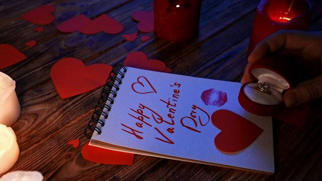 Close up of wooden table with lighted candles and scattered paper hearts, notebook with text happy valentines day laying on the desk, woman puts box with diamond ring on it.