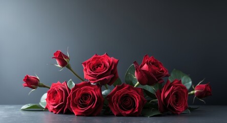 Obraz premium Red roses on dark slate background with copy space.