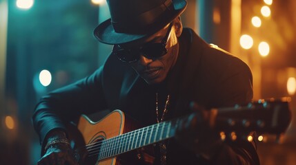 Obraz premium Musician Playing Guitar Urban Bar Realistic Photo Nighttime Close-Up Creative Expression