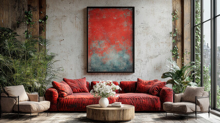 Modern Living Room with Abstract Artwork:  A stylish living room boasts a contemporary feel with a...