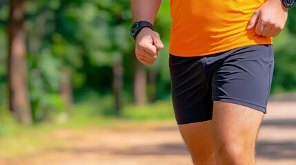 Active young male running on sunny path in vibrant orange shirt