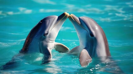 Two dolphins playfully interacting in a vibrant ocean.