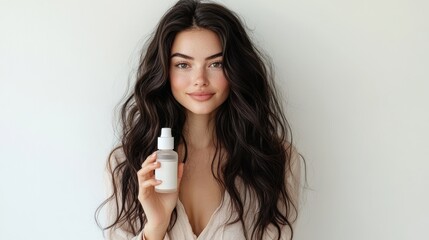 Naklejka premium Beautiful Woman with Long Curly Hair Holding a Skincare Product