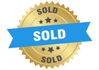 sold. sold round blue and gold label isolated on transparent background
