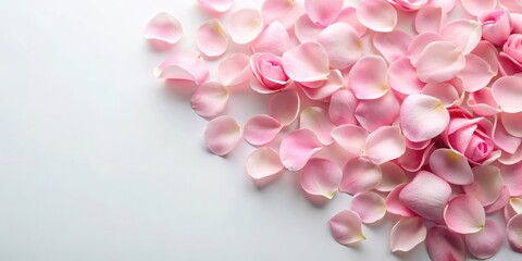 Fototapeta premium Soft pink rose petals scattered on a white background, flowers, roses, flowers, roses, nature, flower field, petals, bouquet