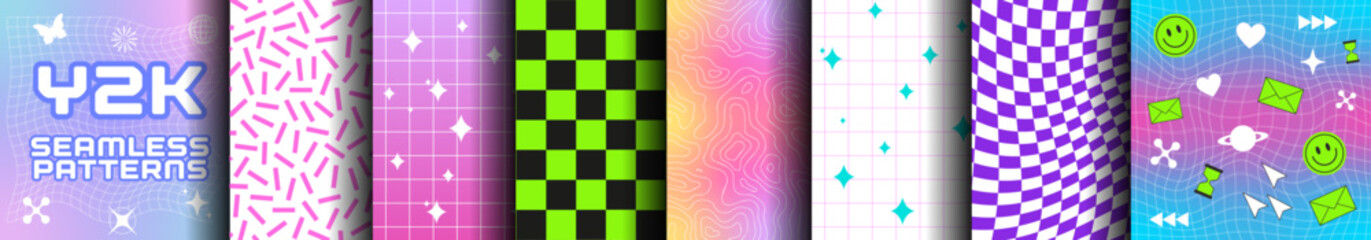 Y2K Seamless Patterns Collection: Retro Grids, Sparkles, Checkers, Neon Icons & Nostalgic Vibes