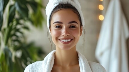 Smiling Woman in Bathrobe with Towel on Head