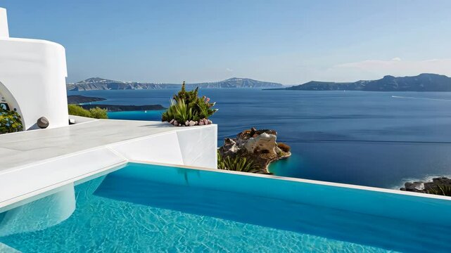 Infinity Pool Overlooking Aegean Sea:  A luxurious infinity pool seamlessly blends with the breathtaking Aegean Sea, offering a panoramic view of the stunning volcanic landscape.