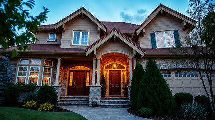 Luxury Home Exterior at Dusk: Captivating Architecture and Landscaping