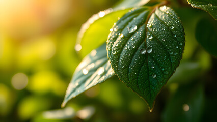 Obraz premium Dew Drops on a Leaf: Close-up of dewy green leaves glistening in the soft glow of the morning sun, capturing the refreshing beauty of nature's morning renewal. 