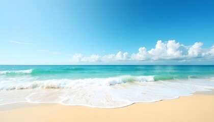 Serene beach scene with gentle waves under a clear blue sky and fluffy clouds