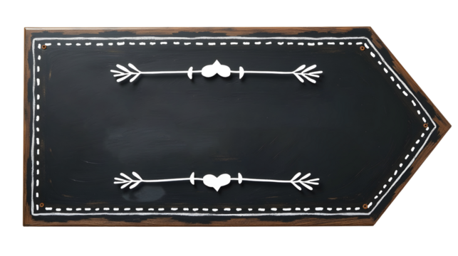 Charming rustic arrow sign, perfect for messages.  Black chalkboard background with white heart and arrow details. , cut out,transparent background