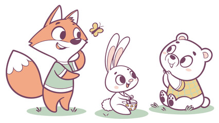Adorable Cartoon Animal Characters Featuring Fox, Rabbit, and Bear in Pastel Colors for Kids and Cute Illustrations Lovers