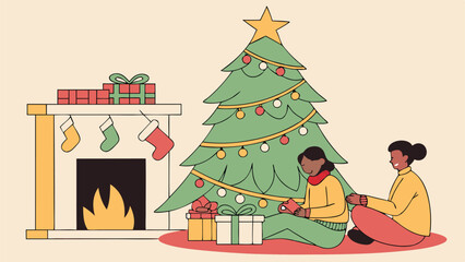 Fototapeta premium Festive Christmas Celebration with Decorated Tree, Gifts, Stockings, and Cheerful Family in Cozy Flat Art Style for Holiday Themes