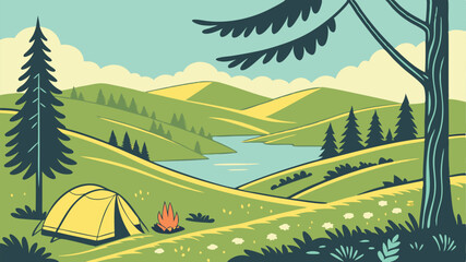 Serene Nature Landscape with Rolling Hills, Lake, and Campsite in Vibrant Flat Design Style for Outdoor Adventure Lovers
