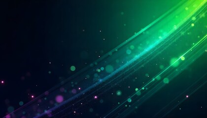 Abstract background with glowing green and purple light streaks and bokeh effects