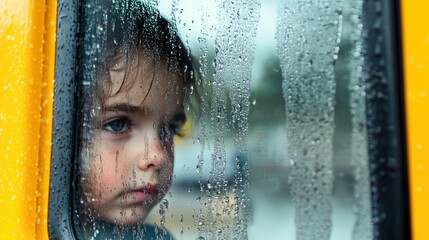 A child looking out from the window of a rainy school bus, with raindrops trickling down the glass, creating a reflective mood as they watch the stormy world outside
