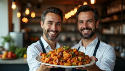 Close-up couple proudly holding platter of traditional middle eastern dishes Smiling Middle Eastern couple operating a family-run restaurant