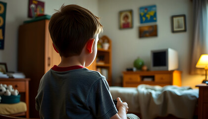 Boy playing old video game in bedroom, Back to back boy in old playroom, Diffused lighting, with white tones