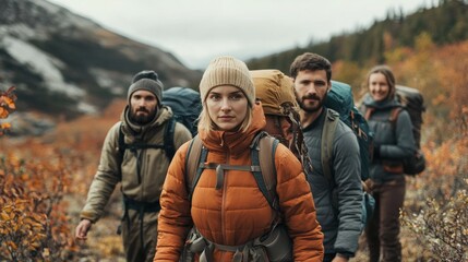 Fototapeta premium Group of Hikers in Autumn Landscape