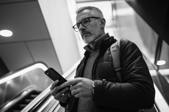 Man on Escalator with Cell Phone