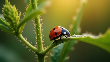 Close-up ladybirds crawling gracefully over nearby plants Smiling Hispanic woman meditating in a serene garden