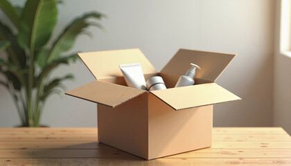 Photorealistic open box mockup, open cardboard box on a wooden table with a few products peeking out, soft natural light highlighting the textures of the box and contents, creating a clean and profess