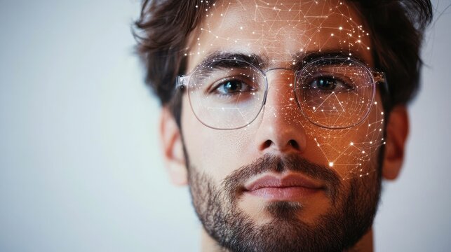 Man with Glasses and Futuristic Face Recognition - Powered by Adobe