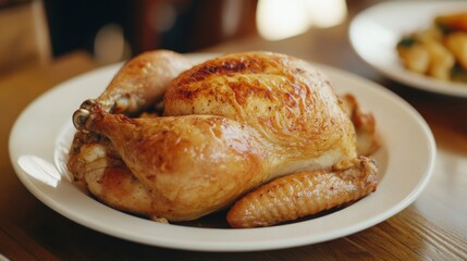 Golden-brown roasted chicken on a white plate, surrounded by a cozy dining setting with side dishes
