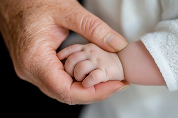 A close-up image of a tender moment sharing between an elderly hand clasping a baby's hand, symbolizing love, connection, and the passing of time in a touching way.