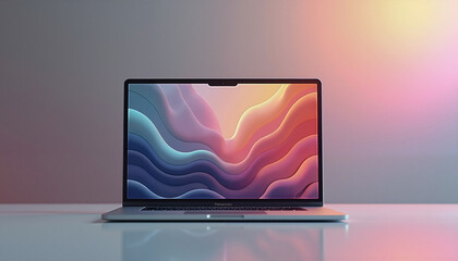 Sleek Silver Laptop Mockup with Vibrant Abstract Background in Soft Lighting
